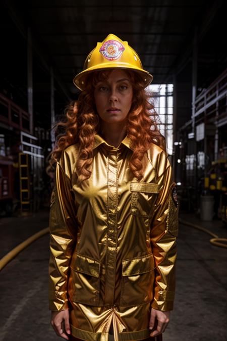 firefighter costume ,  factory , dusk  <lora:Susan_Sarandon:1> masterpiece, best quality, detailed face, solo, a woman, mature s1873s, red hair, long_hair, looking_at_viewer
