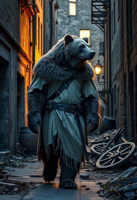 An old anthro grizzly bear with graying fur wearing ragged tattered white cape coat is walking down an alley in a ruined city. The bear has a simple leather belt with a scabbard holding a sheathed short sword. Old dilapidated buildings dominate an abandoned medieval cityscape, overtaken by nature, as the sun sets casting play of deep shadows accentuating the ruins. Faded storefronts. A broken wooden barrel and a rotten wooden wagon wheel lie on the side of the alley., intertwining vegetation, absence of human life, warm glow of twilight, enveloping silence, texture of decay, urban decay storytelling, cinematic, dramatic lighting, ultra fine details, masterpiece.