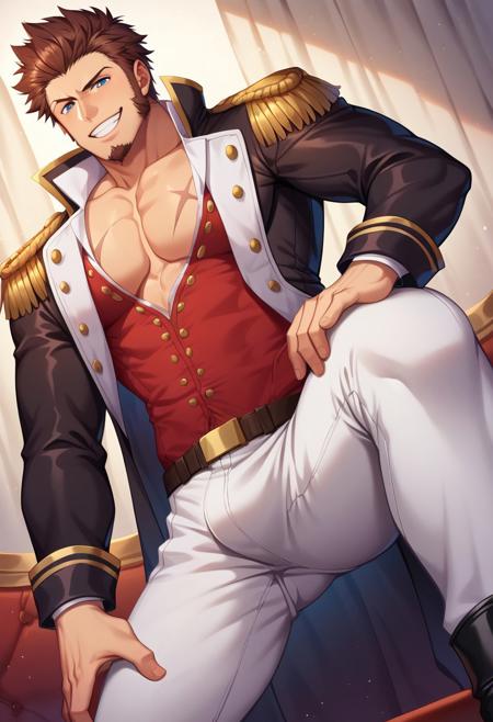 napoleon bonaparte \(fate\), fate \(series\), fate/grand order, blue eyes, brown hair, short hair, long sideburns, facial hair, goatee, scar on chest military uniform, napoleon bonaparte uniform\(fate\), white collared shirt, partially unbuttoned shirt, red vest, partially unbuttoned vest, black jacket, long sleeves, epaulettes, white pants, belt, black boots