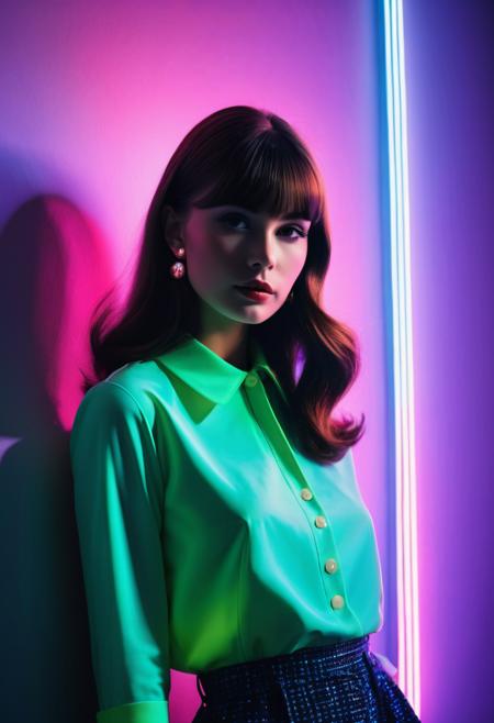 poster image, half body, 1girl,  1960's style, Mod Fashion Icon, Shadow art, full-length shot of girl at 25 years old, atmosphere of neon lights