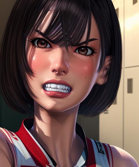 kaori,black hair,brown eyes,short hair,angry teeth,
volleyball uniform,sleeveless,number 1,
standing,upper body,close up,
locker room,
(insanely detailed, beautiful detailed face, masterpiece, best quality),solo,<lora:Maika:0.8>,