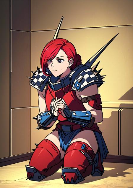 (1girl, red hair very short hair dreadlocks, black eyes, (spiralwash eyes:1.2),  <lora:spiralwashv2_1544:1>, gloom) (digital) ( kneeling in detailed spacecraft interior, (red armor, shoulder armor, spikes, checkerboard, weapon)) , best quality, <lora:boldline:0.2>  <lora:hairdetailer:0.2> orkz,  <lora:orkz:1>