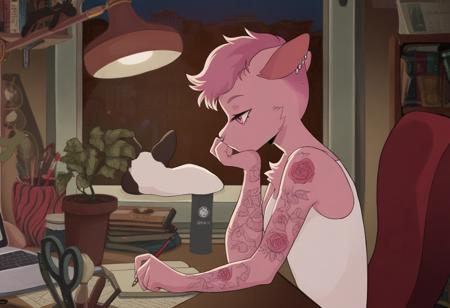 score_9, score_8_up, score_7_up, score_6_up,
anthro, (bunny), (chest tuft), pink body, white belly, (punk) pixie cut, pink hair, magenta eyes, rose arms tattoo,legs tattoo, [black heart] (crotch marking), nose piercing, portrait, pink floral crop top, bare shoulders, white fishnets, white shorts, 
,mikus-lofi, sitting, looks down, plant, window, holding, chill, desk lamp, headphone