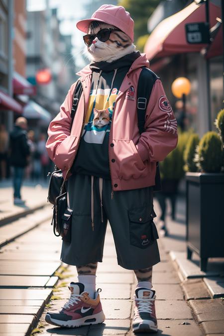 HDR,UHD,8K,Highly detailed,realistic,photo-realistic:1.37),best quality,masterpiece,<lora:catman:0.75>,maomi,blurry background,blurry,sunglasses,hat,hands in pockets,coat,standing,shirt,solo,outdoors,shoes,full body,pink headwear,depth of field,open clothes,