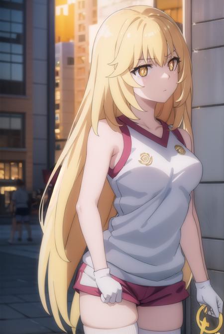 misakishokuhou, <lora:misaki shokuhou s3-lora-nochekaiser:1>, 
misaki shokuhou, blonde hair, hair between eyes, long hair, (symbol-shaped pupils:1.5), + +, (yellow eyes:1.5), (medium breasts:1.2),
BREAK bare shoulders, gloves, gym shirt, gym shorts, gym uniform, shirt, short shorts, shorts, sleeveless, sleeveless shirt, thighhighs, tokiwadai school gym uniform, white gloves, white shirt, white shorts, white thighhighs,
BREAK outdoor, city, sky, sun, clouds,
BREAK looking at viewer, (cowboy shot:1.5),
BREAK <lyco:GoodHands-beta2:1>, (masterpiece:1.2), best quality, high resolution, unity 8k wallpaper, (illustration:0.8), (beautiful detailed eyes:1.6), extremely detailed face, perfect lighting, extremely detailed CG, (perfect hands, perfect anatomy),