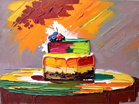cake <lora:impasto:1>, oil painting art style, rich colors, lush textures, expressive brushwork, blendable layers, dynamic compositions, professional-grade finish, versatile medium, timeless elegance, immersive depth, vibrant hues, intricate detailing, adds depth and dimension