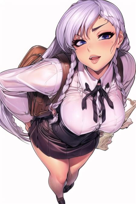 (( babycai)), (1girls:1.4), (((
black skirt, black school uniform, braid, bag, blue eyes, long hair, twin braids, ribbon, backpack, vest, long sleeves,  white hair, bow, (standing), full body, <lora:Eun_Ami_TV1:1>
)))
(((mature and milf))),  wide hip,
((from below)), (((from  back))),
(((sticker with white border))),  (((basic white background))),((solo)), (dynamic pose:0.9), photorealistic, (hyperrealistic:1.2), beautiful, masterpiece, best quality, extremely detailed face, perfect lighting, medium breasts, (wide hips:1.2), nsfw,   glowing, ,  perfect eyes, large eyes, curly eyelashes,  (exited face:1.1) , ((perfect face)), ((fishnets)),  (((horny))), ((perfect hands)), (perfect hands),