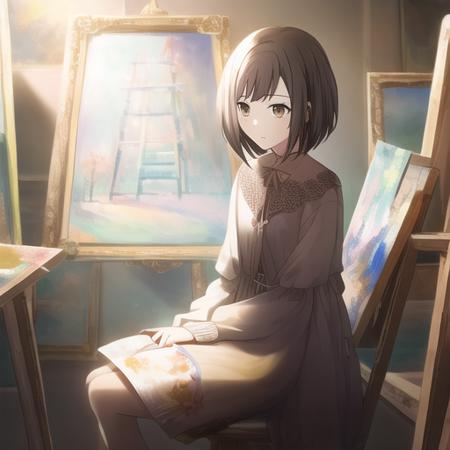 1 girl, short brown hair, brown eyes, masterpiece, best quality, sitting in an artroom, painting, masterpiece, best quality,