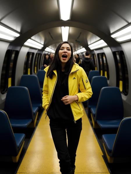 Photo of a beautiful woman. Standing in a neon-lit hovertrain station, futuristic city, dusk. Dynamic angle, provocative pose, (Neo-Expressionism, modern emotional expression, bold, abstracted feelings:1.69), (HDR (High Dynamic Range), vibrant colors, high contrast, detailed, UltraHD, 8K, cinematic, 80mm, high detail, bokeh)