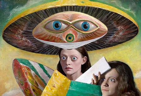 p1c4ss0, seraphins, mystical creature with hundreds of eyes and wings, roswell alien with yellow christmas hat delivering presents with santa riding a ufo sleigh, 1908 Woman with a Fan
