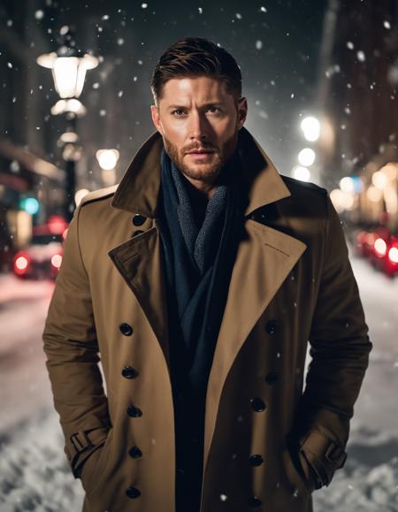 professional  photograph of jensen ackles, trench coat, serious look, beard, in a crowded city street, under street lights, full body, dynamic pose, snowing, night time, detailed skin, fit body, highlighted hair, many layers, 4K, high resolution, dramatic shadows, photorealistic, (candid photograph, film grain, 35mm, ISO200, f/1.8:0.7)   <lora:jensen ackles-XL:0.75>