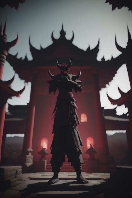 <lora:Moving Meditations:1>Moving Meditations - a video game scene with a demon standing in front of a temple