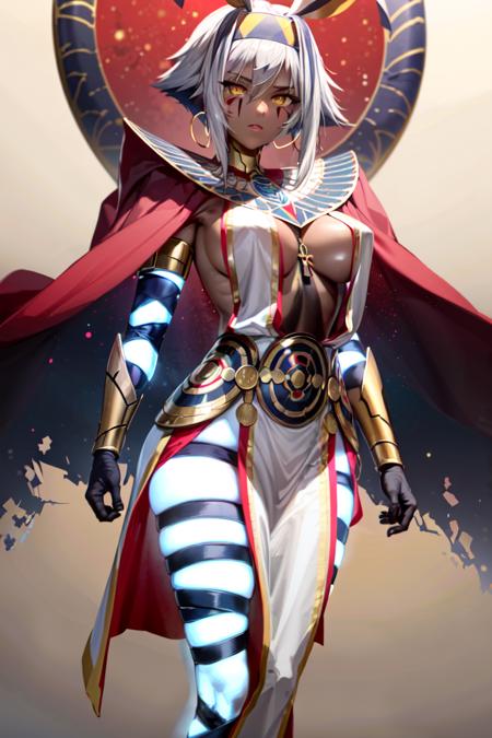 (masterpiece, best quality:1.2), nitocris alter, fgo, (stage 2, glowing legs, bandages:1.4), 1girl, egyptian, dark-skinned female, egyptian clothes, yellow eyes, bangs, short hair, white hair, jackel ears, facial markings, large breasts, hairband, sidelocks, jewelry, breast curtains, hoop earrings, red cape, dark background <lora:NITOALTER-15:0.7>