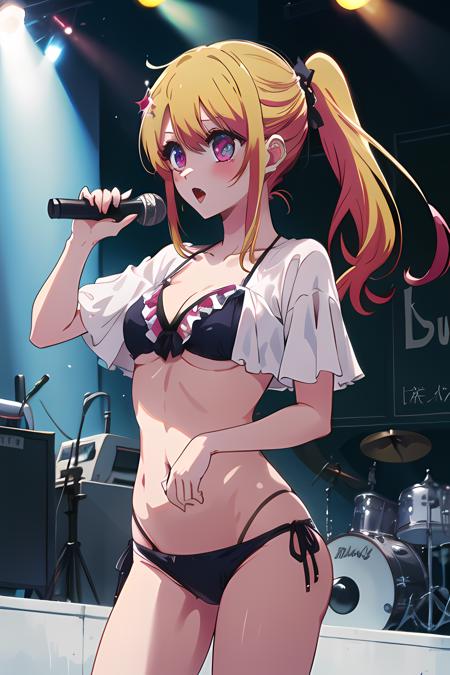 1girl, solo, best quality, masterpiece , Ruby Hoshino,  <lora:Ruby Hoshino_V1-4:0.9>,  hair ornament, sparking eyes, star on eye, (star on right eye:1), (bikini:1.4), (concert1), on the stage,