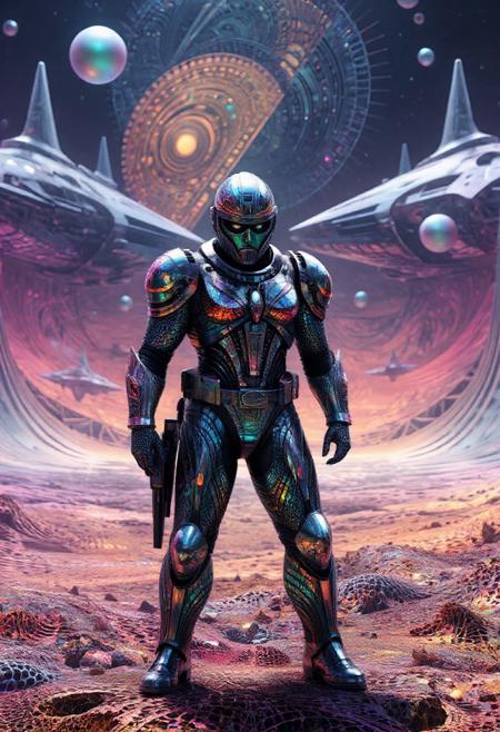 A soldier in high-tech armor standing on an alien battlefield, made out of fractangles, with massive starships in the background.
