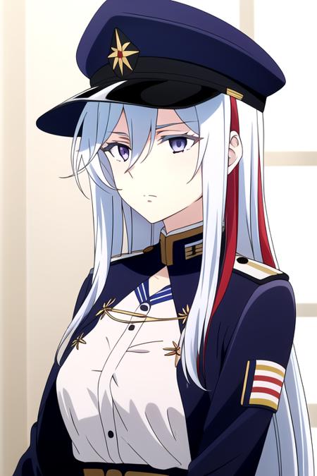 masterpiece, highres, 1girl, <lora:VladilenaMilizeR4:0.7>,VladilenaMilizeR4, silver eyes, silver hair, military, (blue background), hat, multicolored hair