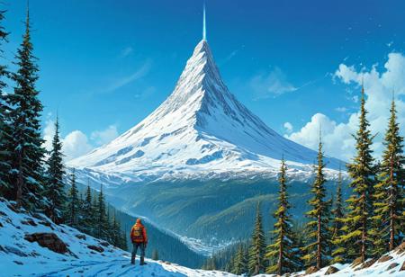 a tall snowy mountain peak, surrounded by thick forest, winter season, some clouds, blue sky, extreme long shot, simon stalenhag, complementary colors, ((Highest quality:1.0),(High resolution:1.0), (masterpiece:1.0), (ground level view:0.6, viewer looking up:0.6), beautiful and aesthetic:1.3), extreme detailed, colorful, highest detailed,((ultra-detailed)),(highly detailed CG illustration),,.(anime,cyberpunk,Moebius (Jean Giraud) Style page)