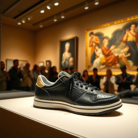 an art exhibition in which a tennis shoe is being displayed as a work of art, the public, which is rich, applauds the work