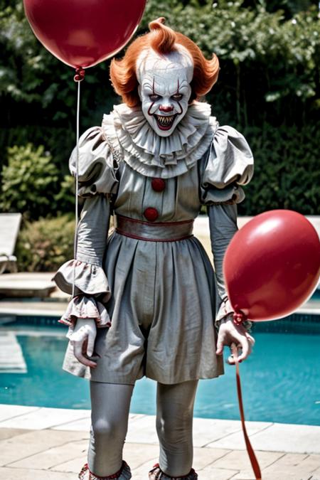 pennywise,sharp teeth, full body, by a pool, holding red balloon<lora:pennywise-000006:1>