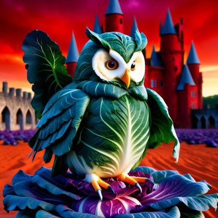 no human, (giant owl made of cabbage over a red castle:1.5), Geometric Pattern Effect: Repeating shapes (tiles, panels) create structured complexity. Color Spectrum Display: Wide range of hues from cool to warm tones.  Reflective Surface Theme: Smooth, light-catching textures evoke motion and depth. Symmetry and Balance: Central alignment with mirrored visual weight. . lazypos, rp_slgd, a surreal owl composed of  obsidian cabbage, wings made of floating cabbage leafs, perched on a red cabbage flower, on top of a red cabbage castle, a kaleidoscope swirling sand sky, glowing purple sand,
, vibrant colors, whimsical design, surreal fantasy, high detail, 4k, strong bokeh