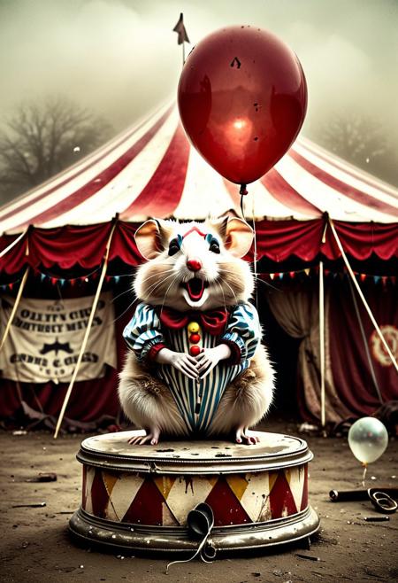 lazypos, 
A solitary hamster, adorned in vintage clown makeup with faded, cracked paint, sits atop a miniature, dilapidated circus pedestal. Its eyes, large and glassy, reflect a kaleidoscope of emotions, innocence, melancholy, and a hint of madness. The backdrop is a desolate, fog-laden circus tent, with tattered banners fluttering in an unseen breeze. Scattered around are tiny, broken instruments and deflated balloons, evoking a sense of forgotten joy. The scene is rendered in muted sepia tones, with the only color emanating from the hamster's vibrant makeup and a single, flickering spotlight overhead. This composition captures a haunting blend of whimsy and desolation, inviting viewers to ponder the stories behind the silent performer