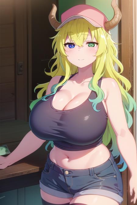 dragonlucoa, <lora:dragon lucoa s2-lora-nochekaiser:1>, 
lucoa, blonde hair, blue hair, dragon girl, gradient hair, green hair, hair between eyes, horns, horns through headwear, (huge breasts:1.2), multicolored hair, baseball cap, cap, hat,  (green eyes:1.5), (purple eyes:1.1), yellow pupils, (heterochromia:1.5), smile,
BREAK black thighhighs, cleavage, curvy, pink footwear, thighhighs, shirt, black shirt, sleeveless, covered navel, short shorts, denim shorts, denim, shorts,
BREAK outdoors, park, trees, sky, clouds, sun,
BREAK looking at viewer, (cowboy shot:1.5),
BREAK <lyco:GoodHands-beta2:1>, (masterpiece:1.2), best quality, high resolution, unity 8k wallpaper, (illustration:0.8), (beautiful detailed eyes:1.6), extremely detailed face, perfect lighting, extremely detailed CG, (perfect hands, perfect anatomy),