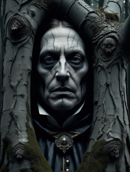 Horror-themed , in the tree trunks trapped medieval dressed people with desperate facial expression, mysterious fairytale forest, midnight, dark epic, spooky environment, by Greg Rutkowski
<lora:add-detail-xl:1.4>, symmetric eyes, same color eyes  . Eerie, unsettling, dark, spooky, suspenseful, grim, highly detailed