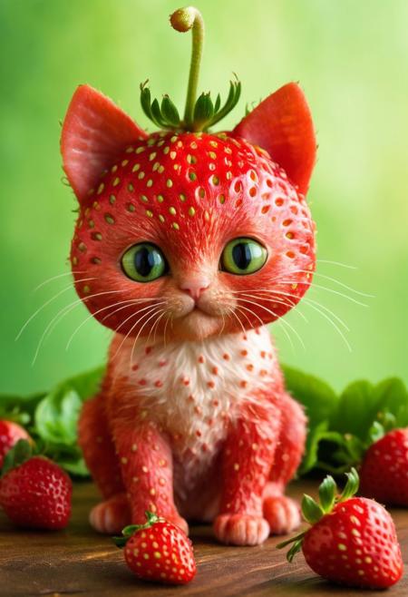 Create an image of a whimsical creature that resembles a small kitten with the texture and color of a ripe strawberry. The creature's body and face are covered in strawberry red, with characteristic seed-dotted skin. It has green leaf-like structures mimicking ears and a ruff around its neck, as if the top of a strawberry was placed on its head. This kitten-like entity has round, innocent eyes, a small pink nose, and delicate white whiskers. Its pose is seated, with one paw slightly raised as if it were about to take a gentle step, and its tail curls behind its body, appearing plump and strawberry-like as well. Surrounding the creature are actual strawberries of a similar shade of red and with green caps, scattered on a glossy wooden surface. In the soft-focused background, hints of indoor plants in shadows create an almost ethereal setting. The overall atmosphere is quaint and charming, evoking a sense of magical realism.