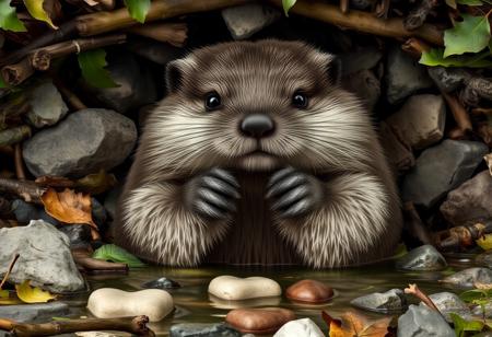 A highly detailed animated image of a fluffy beaver making a dam of sticks, stones and leaves. POV is from inside the dam. heart shaped tufts of fur made into pillows. heart-shaped, tiny, soft, warm <lora:paws-and-hearts-flux:1>