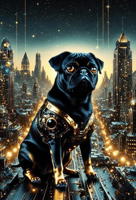 masterpiece, best quality, very aesthetic, absurdres,(score_9, score_8_up, score_7_up), createconcept, addmicrodetails, RetroBG, epic background, nightsky cityscape landscapes with black and gold palting, a metallic mechanical black and gold (pug), glowing eyes, vivid eye color, (beautiful eyes:1.2), (gradient iris, crisp iris edges), confident pose, action dynamic pose, lazypos