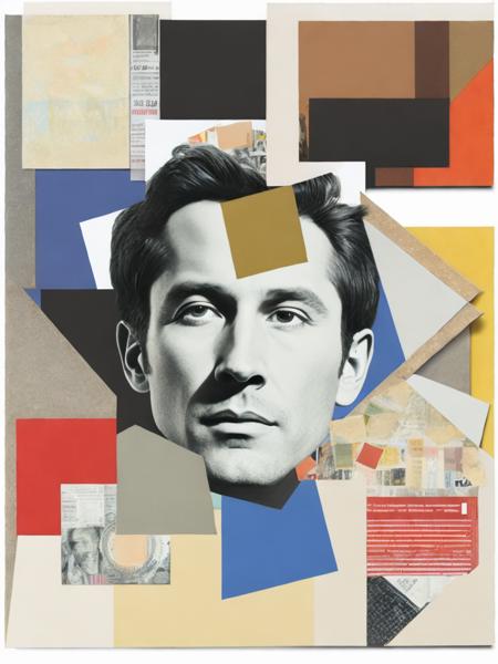 <lora:RobertRauschenberg:1>a collage of various images and words on a piece of paper with a man's face in the center by Robert Rauschenberg