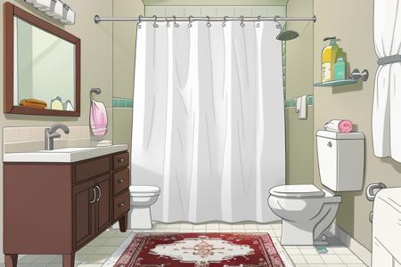 cartoon, family bathroom, rug, open shower curtain, shampoo bottle, sink, toilet, 8k, uhd, masterpiece, highest quality