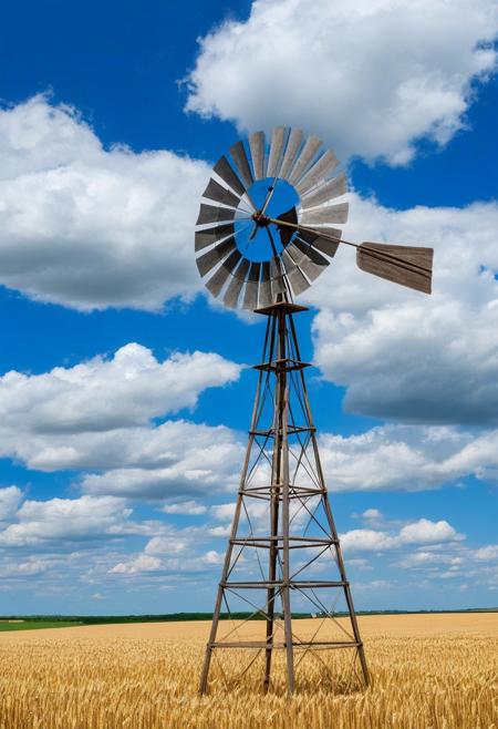 Antique windmill with 4 grinding blades rotating by the force of the wind activating it, background large wheat fields and blue sky with cumulus clouds