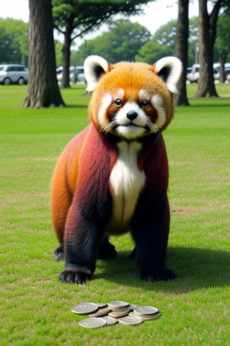 <lora:Redpandav01:0.7>,A whimsical image of a red panda standing on its hind legs, playing a banjo. The setting is an outdoor environment with lush green grass and plants. There is a hat on the ground filled with coins, suggesting the red panda is performing for tips. The scene is cheerful and detailed, with the red panda looking expressive and engaged with the banjo.