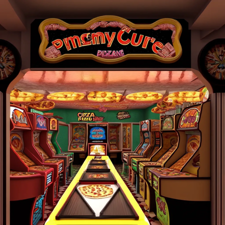 Inside a busy 80s style arcade, pizza and buffet in the middle, manny people.<lora:VaporWave_Style:0.8>