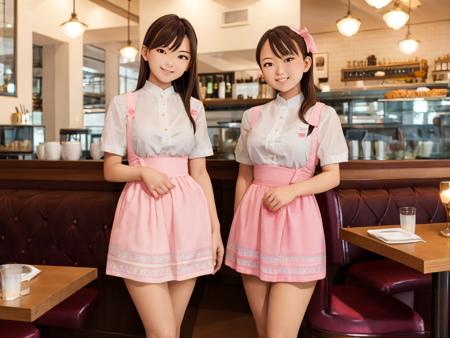 masterpiece, best quality, ultra-detailed, illustration,
AMSC,2girls,  waitress,  brown hair, restaurant, photo background, smile, table, indoors, own hands together, pink skirt, pantyhose, chair, see-through, night
<lora:AMSC:0.6>