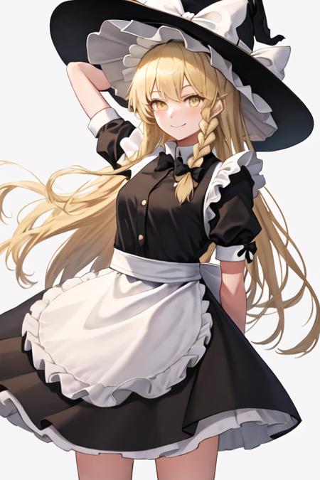 best quality, masterpiece, highres, solo, {maid:1.40}, {long maid dress:1.15}, {kirisame_marisa_touhou:1.15}, blonde_hair, long_hair, hat, witch_hat, bow, yellow_eyes, braid, single_braid, hat_bow, smile, hair_bow, white_bow, bangs, black_headwear, upper_body