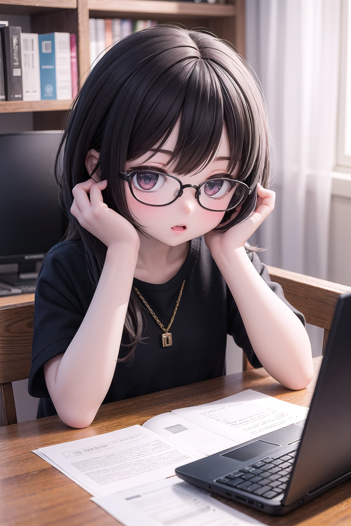(masterpiece),  1girl,  glasses,  computer