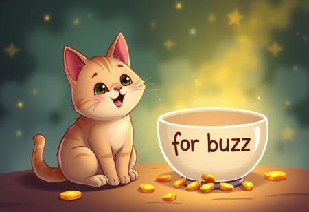 a cute cat sitting near of a empty bowl that says “for buzz".
cartoon style
magic background
gold money and ignot on the ground
There's gold at the bottom of the bowl.