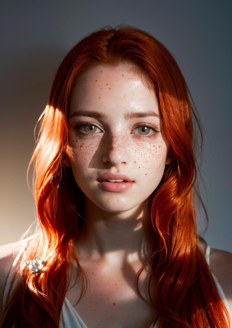A close-up of a beautiful young woman with red hair, freckles, and green eyes.