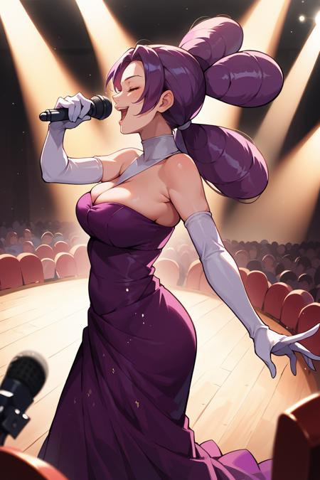 fantina, purple hair, double bun, low twintails white collar, purple dress, cleavage, elbow gloves, mature female, large breasts