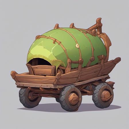 fantasy vehicle made from wood, goblin style stronhold equipment on a plain background, cel-shading, 2d style anime game asset