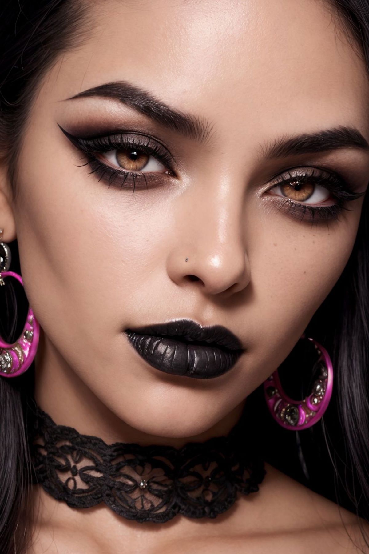 A Woman with Black Lipstick and Pink Rings on Her Ears.