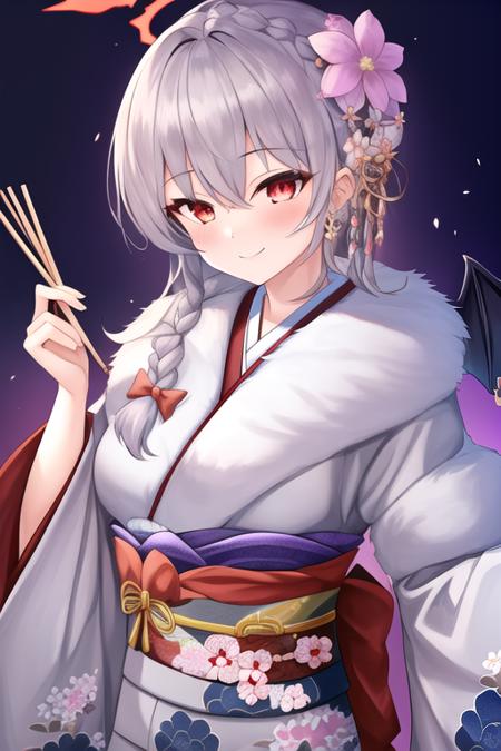 masterpiece, best quality, highres, solo, {haruna_bluearchive:1.10}, red_eyes, halo, braid, wings, smile, long_hair, bangs, grey_hair, breasts, blush, single_wing, white_hair, large_breasts, hair_bun, hair_bow, hair_ornament, single_hair_bun, hair_flower, 1girl, flower, japanese_clothes, kimono, looking_at_viewer, obi, official_alternate_costume, sash, fur_collar, long_sleeves, wide_sleeves, holding, fur-trimmed_kimono, purple_kimono, chopsticks, fur_trim, holding_chopsticks, simple_background, white_background, blue_kimono, bow, hair_between_eyes, upper_body