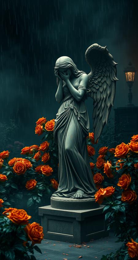 presents an enigmatic victorian garden, orange roses, gothic, rain and fog, halloween, full body, woman statue, weeping statue, angel of death, patina, swirling mist, thick fog, hyperdetailed, photorealistic, hyper realistic, cinematic lighting, volumetric lighting, intricate detail, unreal engine 5, in the style of pictorialism influence the (essence of Sophie Wilkins' fantastical, dark background, Peter Holme III's, and Pipilotti Rist's bold art). forms beings, abstract composition, fantastical illustrations, bold art, morphing shapes, while the surrounding darkness imbues the image with an air of mystery and secrets untold. lending an air of melancholy to this cinematic masterpiece.