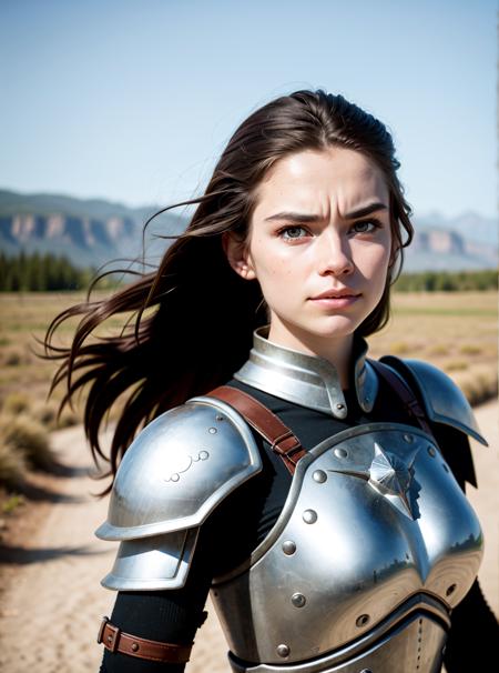 a photo, warrior in armor,  woman ,hair brown, fantasy dress,  realistic, hd, beautiful dress blue,  realistic, half body shot, sharp focus, 8 k high definition, insanely detailed