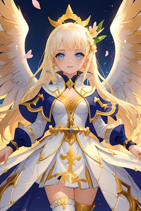 masterpiece, best quality, ultra-detailed,  1girl, solo, rom_saint, beautiful, white dress with blue edgings, golden angel wings, cowboy shot, looking at viewer, cherry blossoms, Golden hour gleam theme, vivid colors, tranquil and magical atmosphere,
<lora:rom_saint-10:0.7>,  <lora:flatBG:-1.4>