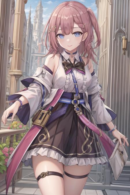 best quality,masterpiece, high res,original, beautiful detailed eyes, asta_\(star_rail\), 1girl, medium hair, hair_ornament, hairclip, choker, jewelry, bow, bowtie, jacket, off_shoulder, shirt, bare_shoulders, skirt, thigh_strap, detached_sleeves, dress, wide_sleeves, smile
<lora:asta:0.8>  <lora:torino_aqua_offset:1>