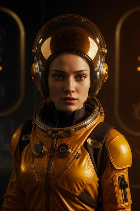 32k UHD cyberpunk dystopia image| dreamlike settings with a touch of gorecore| atmospheric lighting with bronze and amber tones| composition highlighting the player's astronaut helmet| intricate and surreal background| artistic influence of Ivan Albright| woman wearing astronaut helmet| player with a dreamlike appearance, reminiscent of womancore aesthetics <lora:Elixir:0.5>