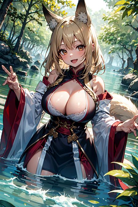 detailed background, 1girl, solo, blonde hair, brown eyes, fox ears, fox girl, hanfu, silk, long sleeves, open mouth, smile, fang, looking at viewer, (reaching:1.3), (milf:1.2), (mature female:1.2), (aged up:1.2), (large breasts:1.3),
BREAK,
lush mangrove forest, tangled roots, brackish water, diverse wildlife, dappled sunlight, gentle lapping waves, mysterious shadows